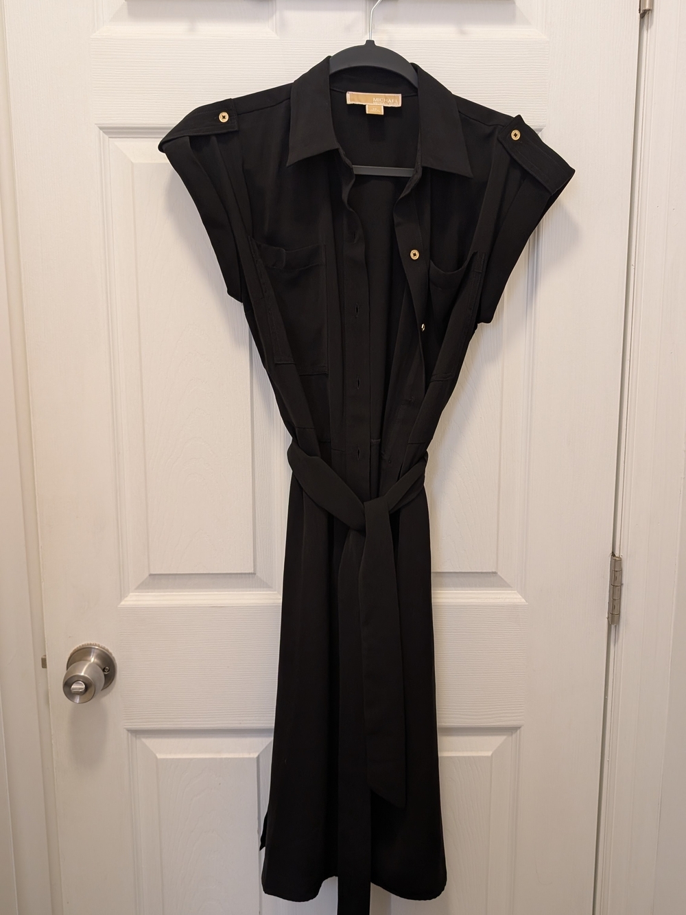 Michael Kors Black Cap-Sleeve Belted Shirt Midi Dress